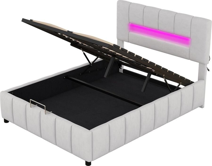 Merax Tweepersoonsbed 140x200 cm Velvet Gestoffeerd Bed met LED-Verlichting en Hydraulische Opbergruimte Grijs