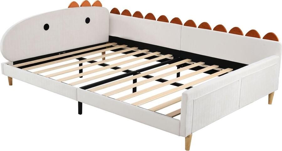 Merax Tweepersoonsbed 140x200 in Dinosaurus Uitstraling Fluweel Gestoffeerd Kinderbed Slaapbank met Zijvakken Beige