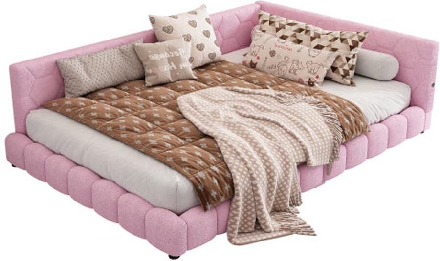 Merax slaapbank 140x200 cm – roze fluwelen gestoffeerd bed met 16-kleuren LED en USB-C aansluiting – inclusief lattenbodem zonder matras