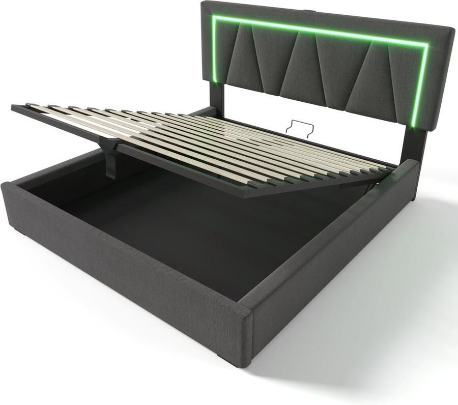 Merax Tweepersoonsbed 140x200 cm inclusief Koudschuim Matras Bedframe met USB-C en LED-Verlichting Gestoffeerd Bed met Hydraulische Opbergruimte onder Lattenbodem Grijs