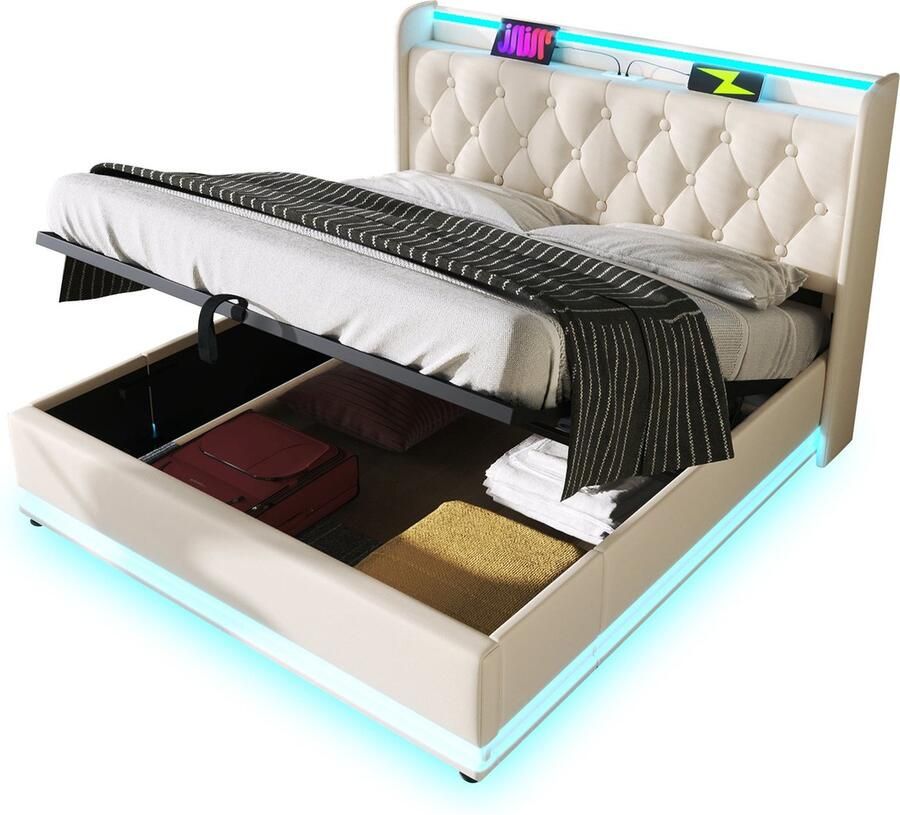 Merax Gestoffeerd Tweepersoonsbed 140x200 cm Met 360° LED Verlichting USB Type-C Oplaadpunt Hydraulisch Opslagbed Witte PU-Lederen Hoofdbord (Inclusief Matras)
