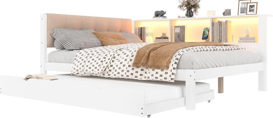 Merax Tweepersoonsbed 140x200 met Uitschuifbaar Logeerbed 90x190 – LED-verlichting – USB-aansluiting – Boekenplanken – Wit