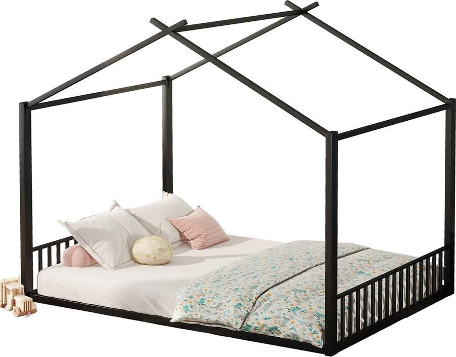 Merax Tweepersoonsbed 140x200cm Kinderbed Huisbed Metalen Frame Zwart Metaal