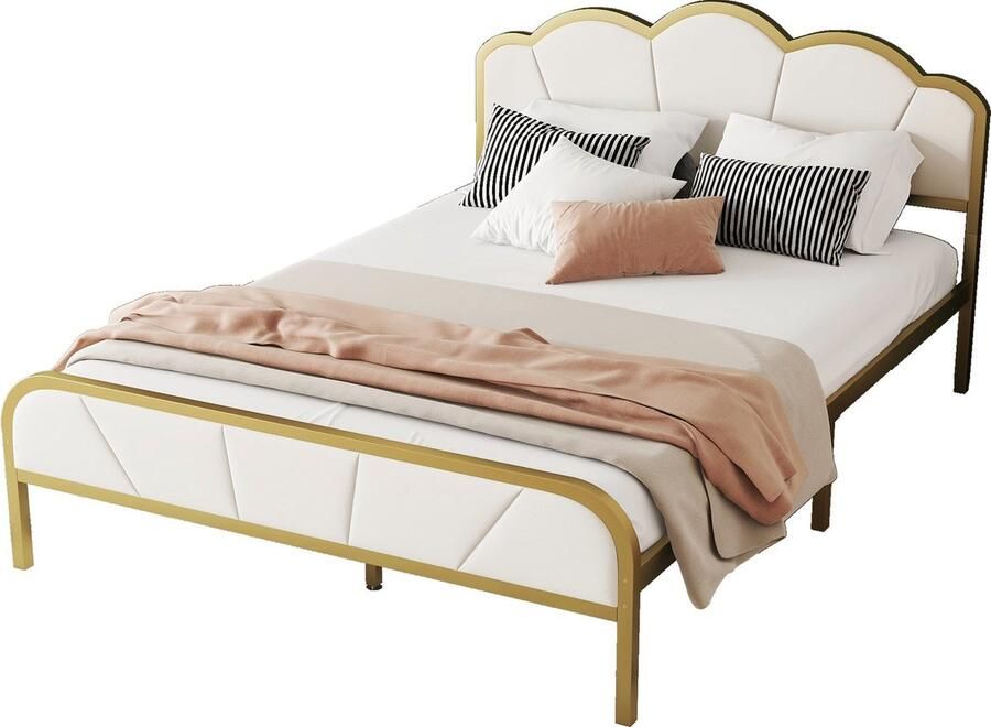 Merax Tweepersoonsbed 140x200cm Kinderbed met Wolkvormig Hoofdeinde Bed in Minimalistisch Design Wit met Goud