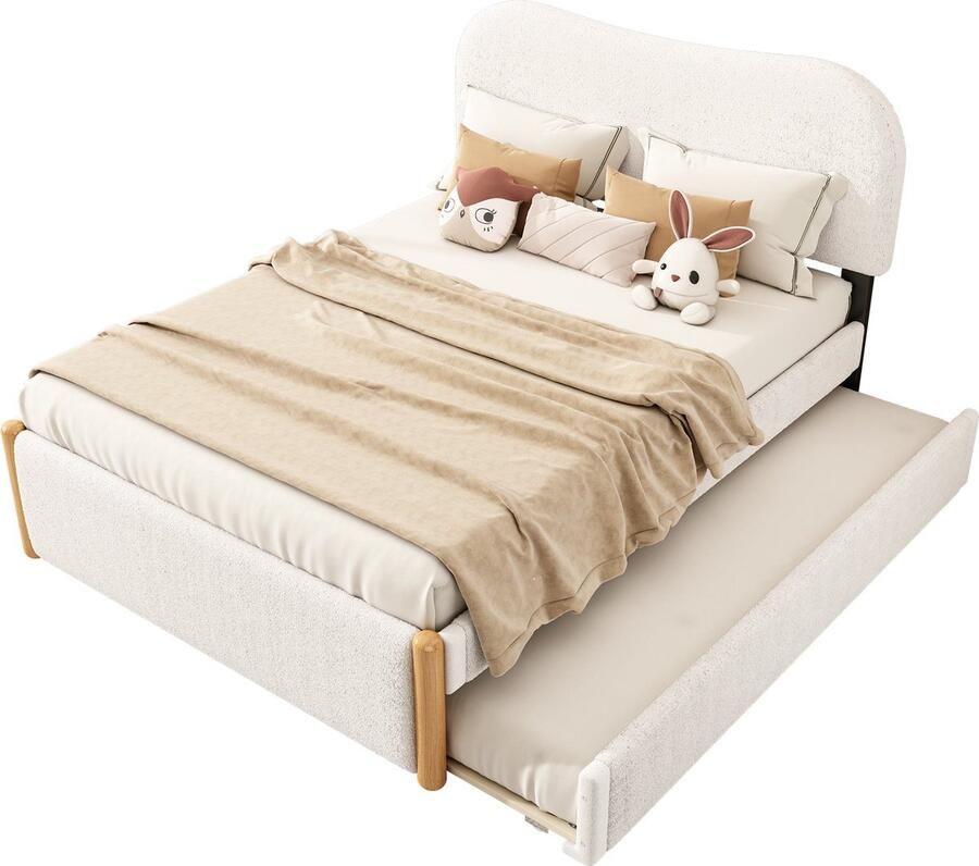 Merax 140x200cm Gestoffeerd Bed met Uittrekbaar Rolbed Minimalistisch Design Wit MDF en Zachte Stoffen Inclusief Lattenbodem