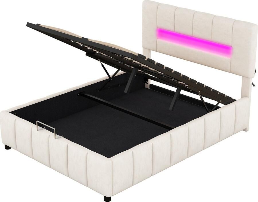 Merax Tweepersoonsbed 140x200cm met LED-Verlichting Gestoffeerd Bed met Hydraulische Opbergruimte Beige