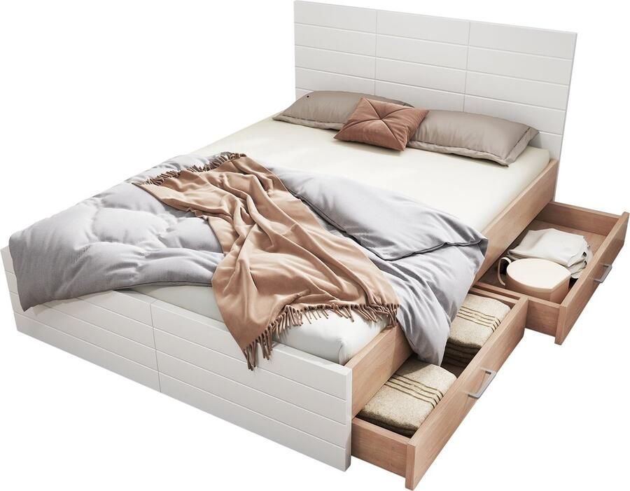 Merax Doppelbett Holzbett Bettanlage 180×200cm mit 2 Schubladen Modernes Bett inkl. Bettgestell &Lattenrost-207×80×185cm (L×H×B) Set in Eiche Weiß(Ohne Matratze)