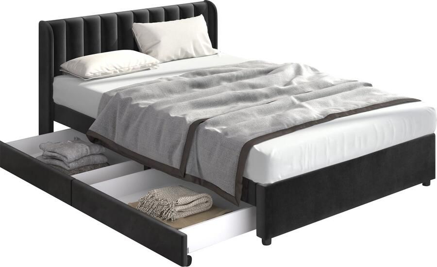 Merax gestoffeerd bed 160x200 cm Zwart fluweel met lattenbodem en 2 opberglades