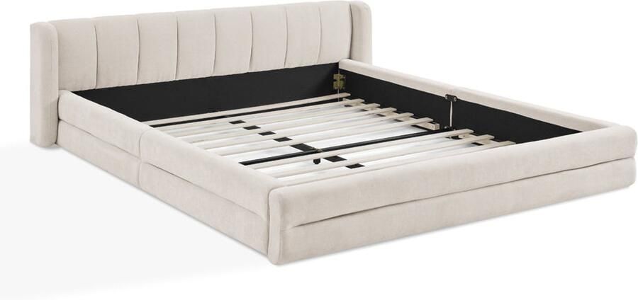 Merax Tweepersoonsbed 160×200 cm – Beige Chenille – Comfortabel Hoofdbord – Robuust Houten en Stalen Frame – Zonder Matras