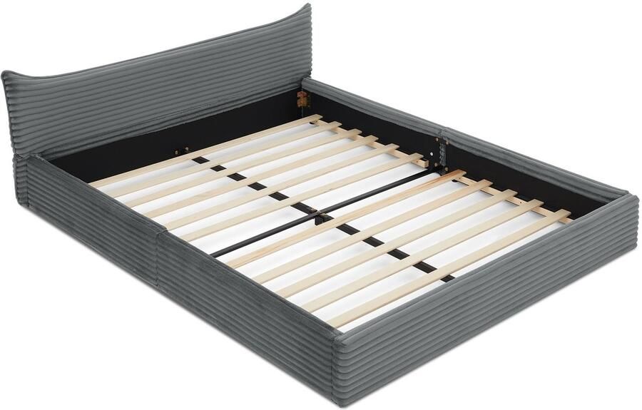 Merax Tweepersoonsbed 160×200 cm – Chenille Stoffering – Houten en Metalen Frame – Modern Bedframe met Hoofdbord – Dark Gray – Zonder Matras