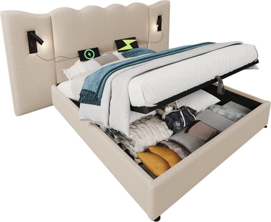 Merax Gestoffeerd Tweepersoonsbed 180x200 cm met Leeslamp USB Type-C Oplaadfunctie en Lattenbodem – Bed met Opbergruimte van Massief Hout en Metaal Beige Linnen (Zonder Matras)