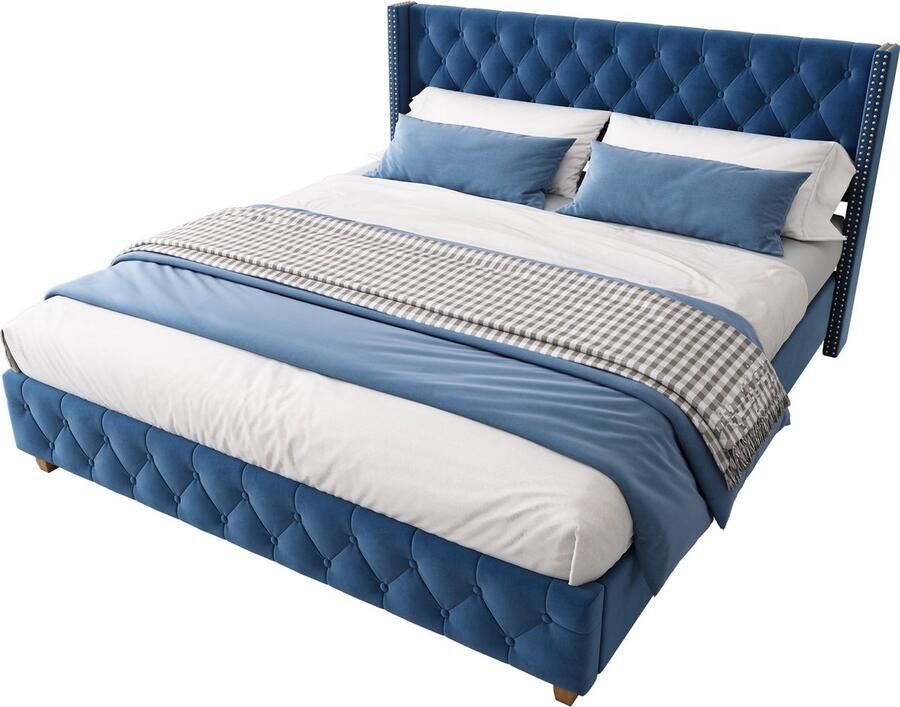 Merax Gestoffeerd Bed 160x200 cm met Lattenbodem & Hoofdeinde – Knop- en Nietenafwerking – Houten Poten – Fluweel – Blauw