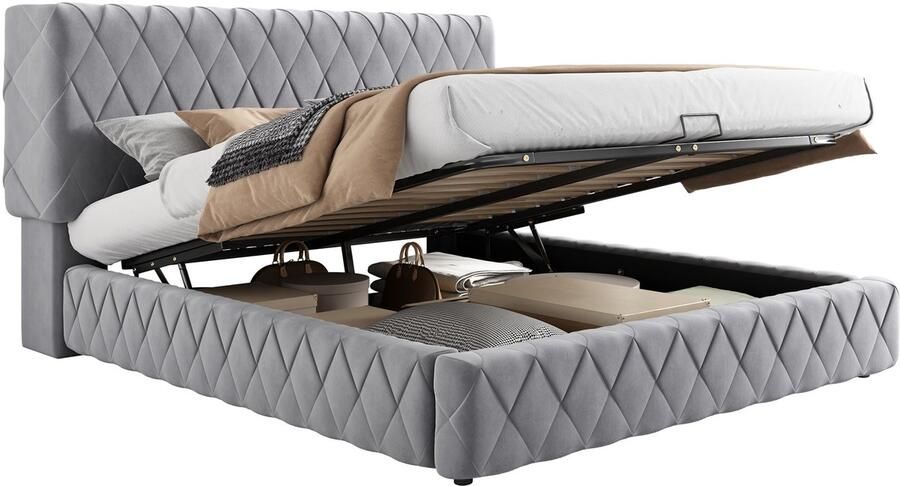 Merax Tweepersoonsbed 160x200 cm – Gestoffeerd Bed Met Opbergruimte – Hydraulisch Opklapbed – Velvet Grijs – Zonder Matras