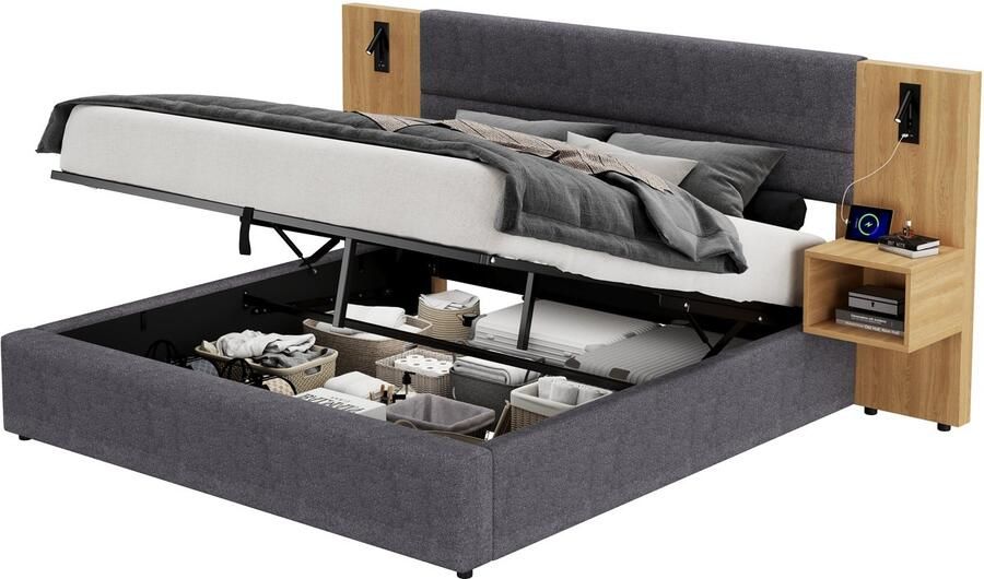 Merax Tweepersoonsbed 160x200 cm Gestoffeerd Bed met Opbergruimte USB A en C Oplaadfunctie LED Verlichting Inclusief 2 Nachtkastjes Velvet Grijs