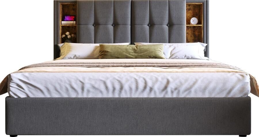 Merax 160x200 cm Dubbelbed met Draadloze Oplader Gestoffeerd Bedframe met Opbergruimte in Grijs Katoen (Zonder Matras)