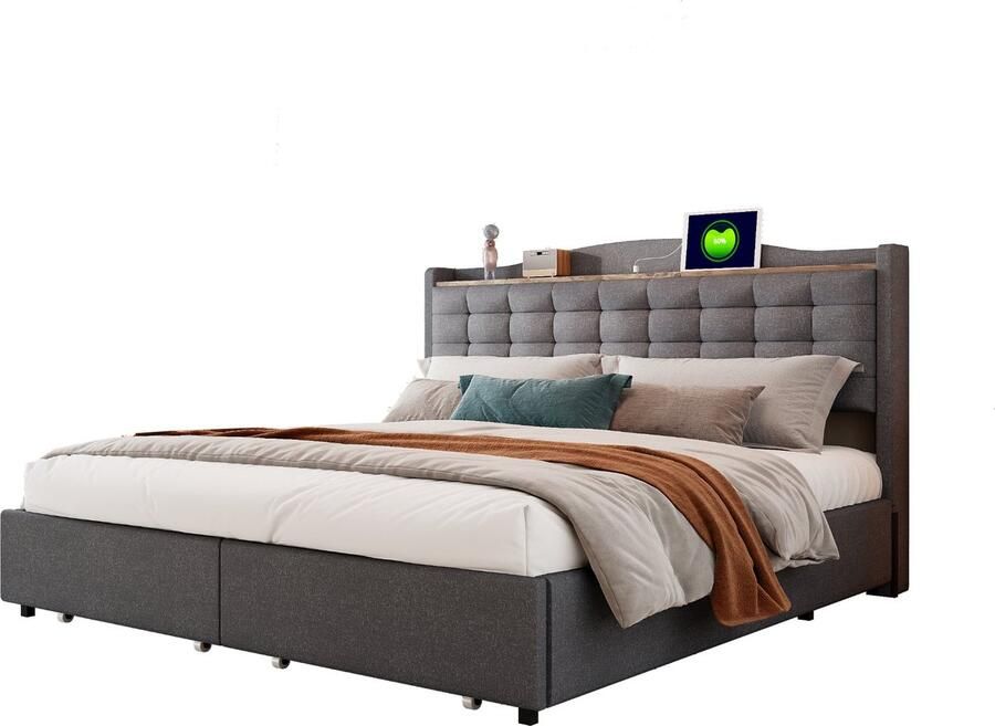 Merax Tweepersoonsbed 160x200 cm Inclusief USB Aansluting en Opbergruimte Gestoffeerd Bed met 4 Lades Grijs