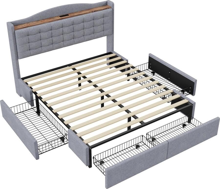 Merax Tweepersoonsbed 160x200 cm Inclusief USB Aansluting en Opbergruimte Gestoffeerd Bed met 4 Lades Lichtgrijs