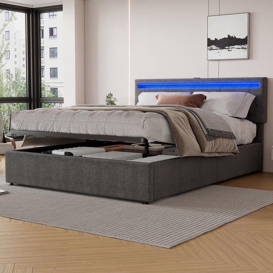 Merax 160x200 cm Gestoffeerd Bed met Verstelbare Hoofdbord Tweepersoonsbed met USB en USB-C Aansluiting LED Verlichting en Grote Opbergruimte Grijs - Foto 2