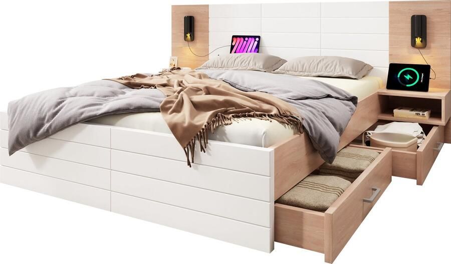 Merax Tweepersoonsbed 160x200 cm met 2 Schuiflades Leeslamp en USB-aansluiting Bedframe & Lattenbodem Inclusief 2 Nachtkastjes Eiken Wit (Zonder Matras)