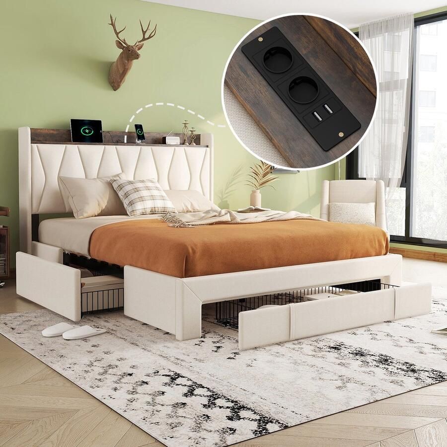 Merax Tweepersoonsbed 160x200 cm met 3 Opberglades en USB-Aansluiting Gestoffeerd Bed met Plank op Hoofdbord Beige
