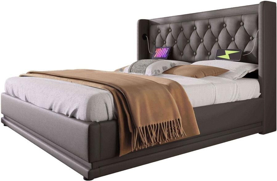 Merax Gestoffeerd Queensize bed 160x200 cm – Zwart PU-Hydraulisch Bed met Opbergruimte met USB Type-C Oplaadfunctie en 3-Zijdige LED Verlichting (Zonder Matras)
