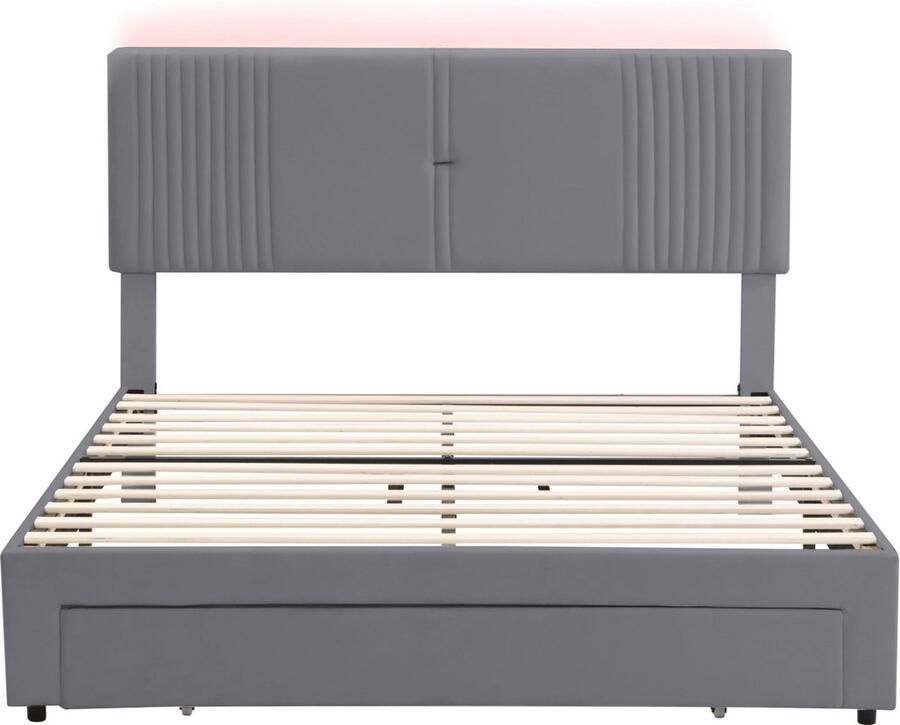 Merax Gestoffeerd Bed 160x200 cm met LED-verlichting – USB-poort & Grote Lade – Fluwelen Bekleding – Grijs - Foto 2