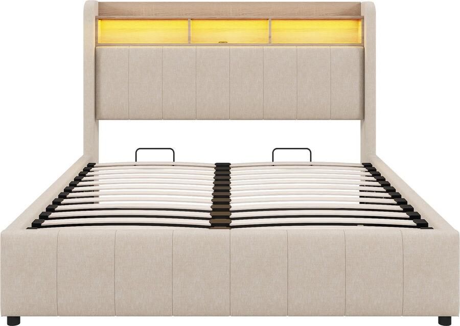 Merax Gestoffeerd Bed 160x200 cm met LED Verlichting USB-aansluiting en Opbergruimte Hydraulisch Opbergsysteem Bed voor Volwassenen Linnenstof Beige