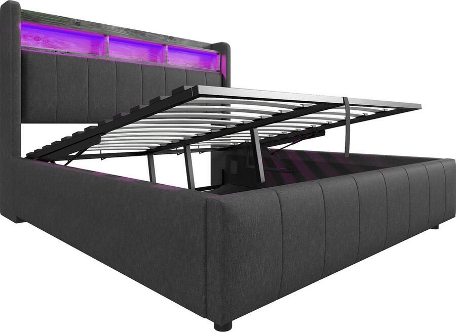 Merax Tweepersoonsbed 160x200 cm met LED Verlichting en USB-Aansluitingen Gestoffeerd Bed met Hydraulisch Lattenbodem en Opbergruimte in Hoofdbord Grijs
