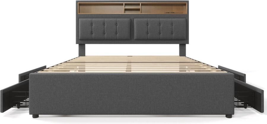 Merax Boxspringbed 160x200 cm – Stoffen Bed met 4 Schuifladen USB-C en Stopcontacten Verstelbaar Hoofdbord en Inclusief Matras - Foto 2