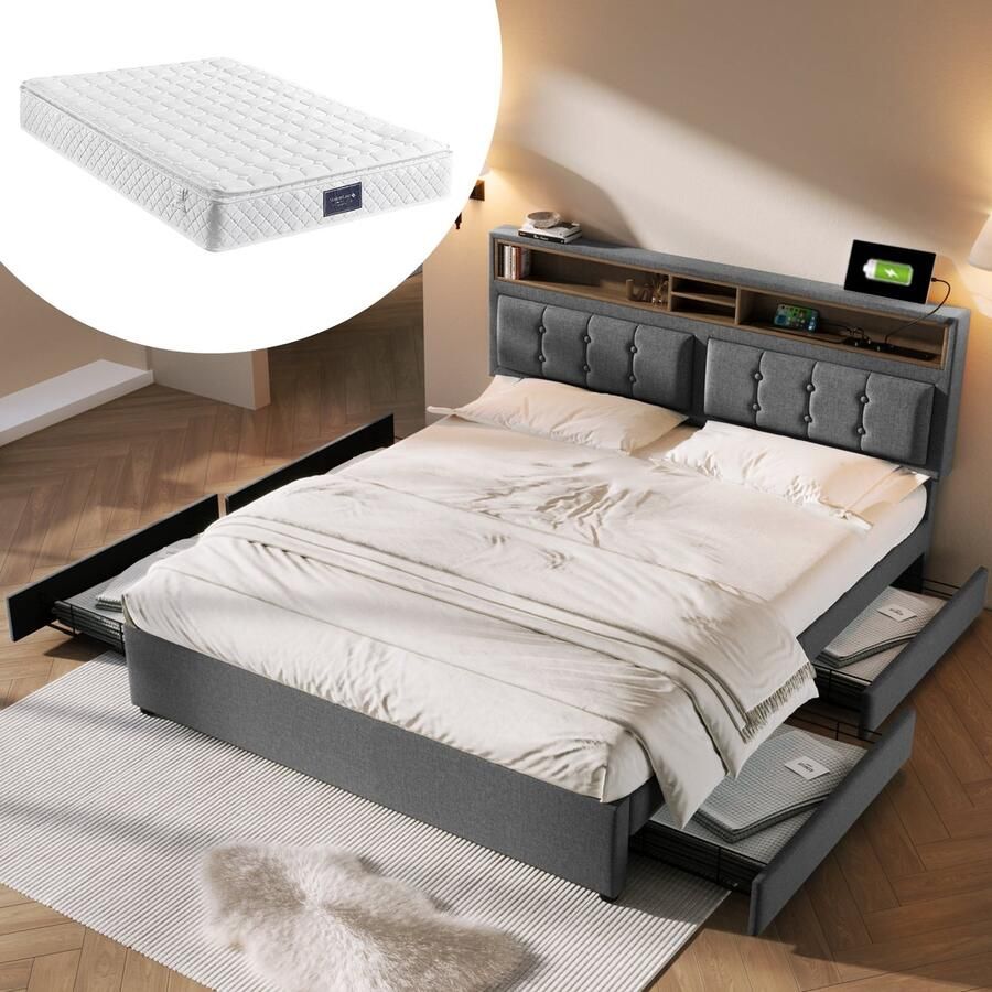 Merax Boxspringbed 160x200 cm – Stoffen Bed met 4 Schuifladen USB-C en Stopcontacten Verstelbaar Hoofdbord en Inclusief Matras