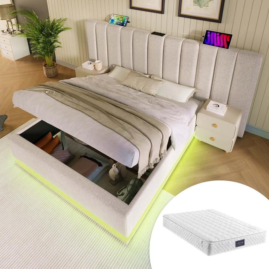 Merax Gestoffeerd Bed met Opbergruimte USB-C Laadfunctie App-Controle LED Verlichting en Inclusief Matras – 160x200 cm – Beige – Linnen Exclusief Nachtkastje