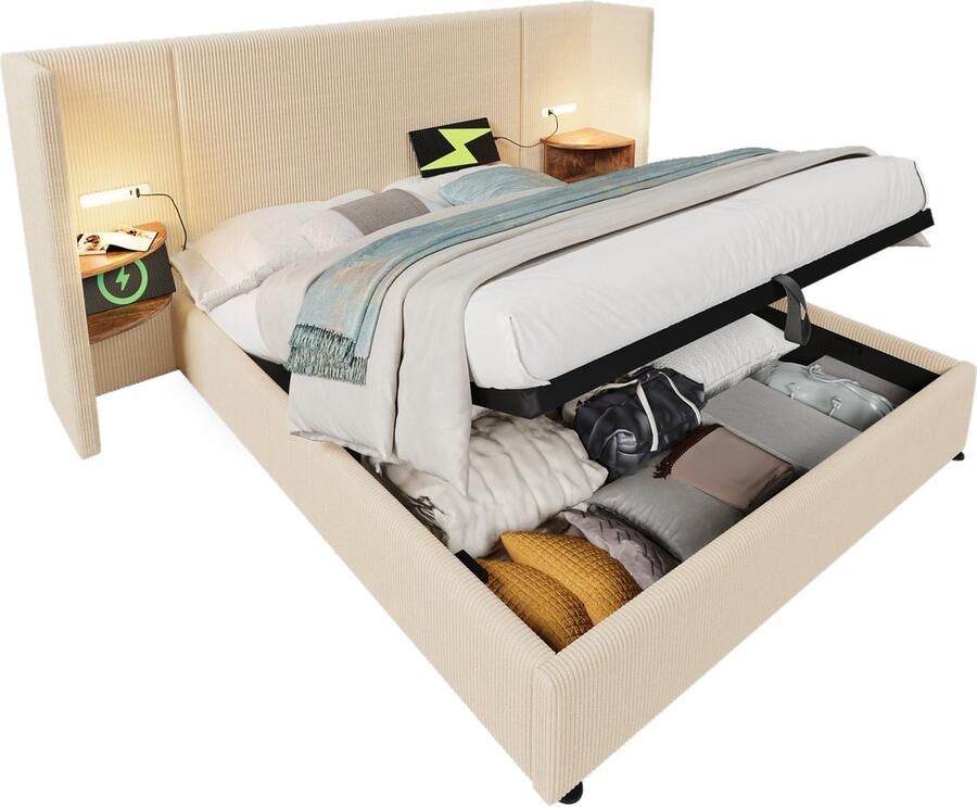 Merax Tweepersoonsbed 180x200 cm met Nachtkastjes in Groot Gestreept Hoofdbord – Gestoffeerd Bed met Hydraulische Opbergruimte en LED Leeslamp Kingsize Bedframe met USB-C Oplaadfunctie – Cordstof Beige