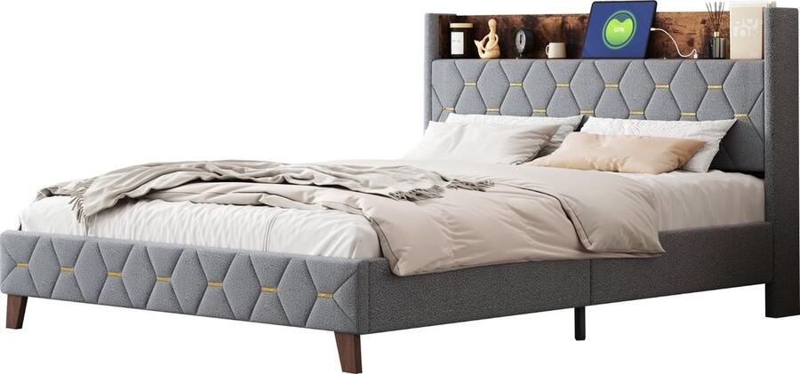 Merax Tweepersoonsbed 160x200 cm met Opbergruimte en USB-aansluiting Gestoffeerd Bed in Huidvriendelijk Kardemom Fluweel Grijs