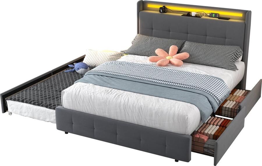 Merax Tweepersoonsbed 160x200 cm met Uittrekbaar Logeerbed en 2 Opberglades – Grijs Fluweel Gestoffeerd Bed met USB Aansluiting en LED Verlichting – Inclusief Lattenbodem – Zonder Matras