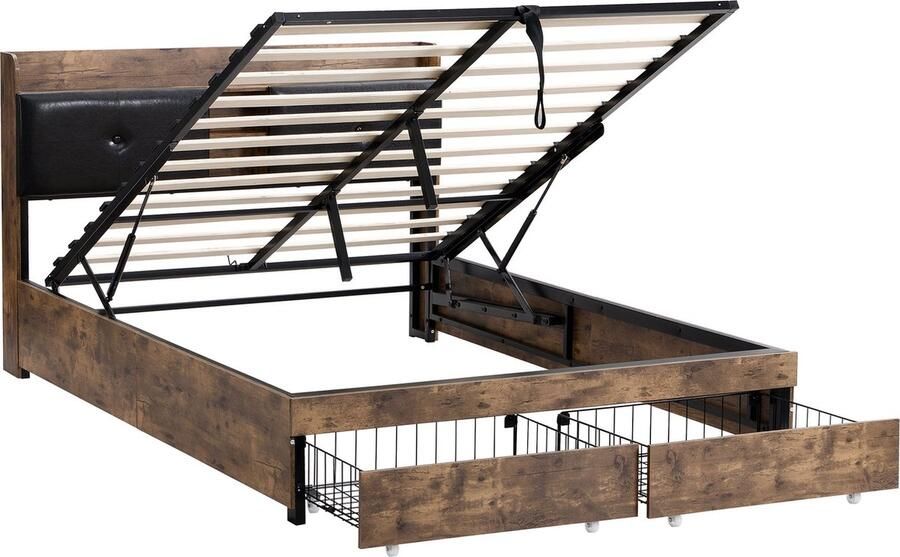 Merax Metallbett 160 x 200 cm Hydraulikbett Jugendbetten Doppelbett mit Stauraum-Kopfteil und Metall Lattenrost Ohne Matratze Für Erwachsene Kinder Jugendliche Holzfarbe+Schwarz - Foto 2