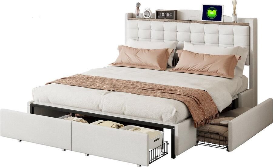 Merax Boxspringbed 160 x 200 cm Bed met 4 Lade Nachtkastje met USB-oplaadpoort Beige Linnenstof Dubbellaags Bed