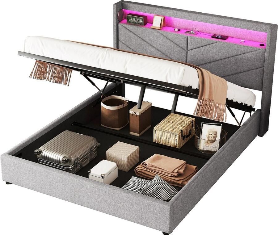 Merax Tweepersoonsbed 160x200 met Hydraulische Opbergruimte en LED-Verlichting – Gestoffeerd Bedframe met USB Aansluiting en Speakers Grijs