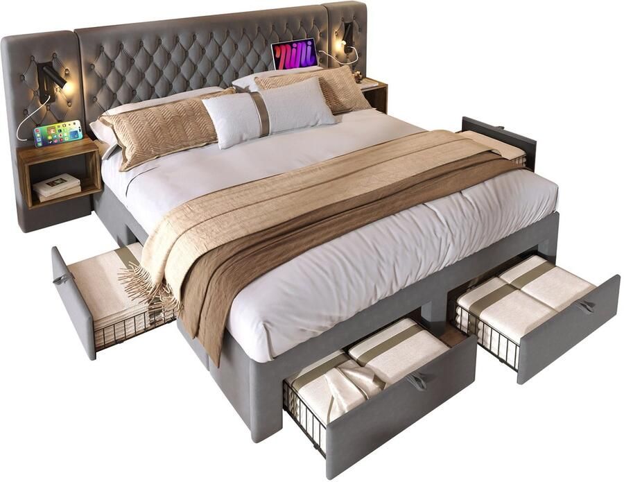 Merax Tweepersoonsbed 160x200 met Matras en 4 Lades Bed met Nachtkastjes en Leeslamp USB Aansluiting en LED Verlichting – Fluweel Grijs