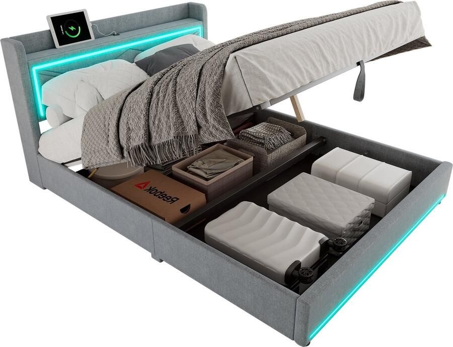 Merax Tweepersoonsbed 160x200 met LED-licht Verstelbaar via App Opbergbed met Hydraulisch Opbergruimte en USB-laadpoort – Grijs