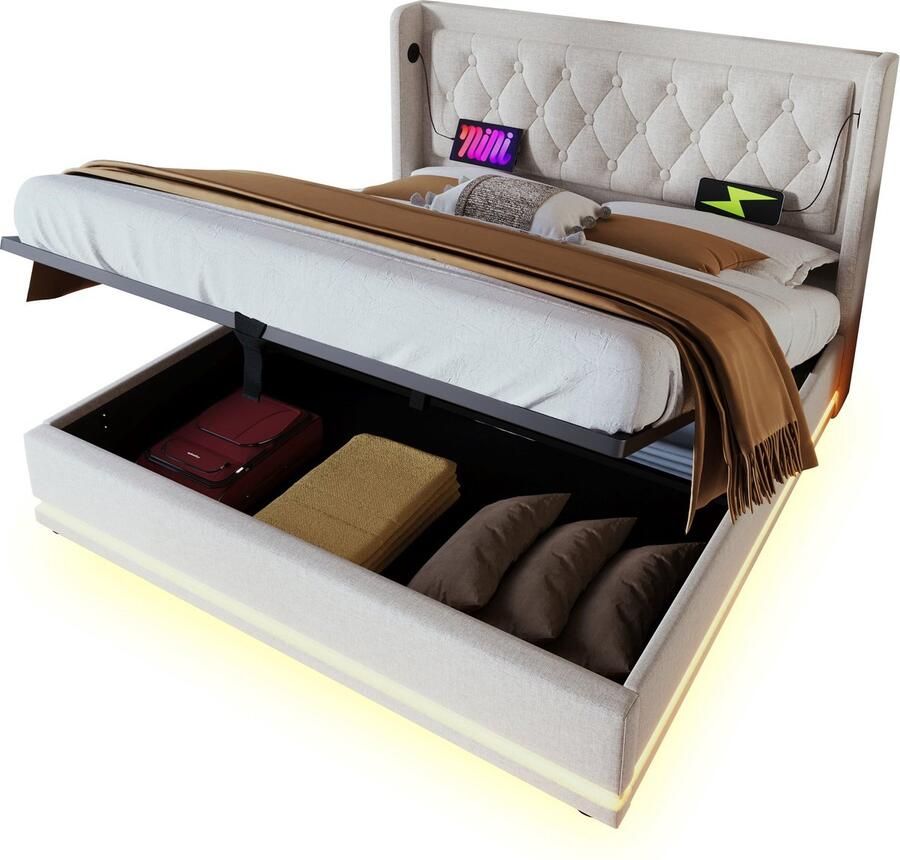 Merax Polsterbett Doppelbett 180*200 cm Beige Baumwolle-Material Hydraulisches Stauraumbett gepolstertes Kopfteil mit USB Typ-C Ladefunktion 3-seitige LED-Funktion(Ohne Matratze) - Foto 2