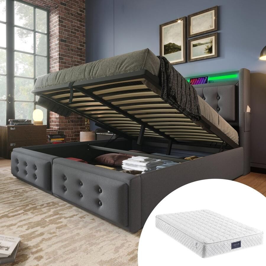 Merax Tweepersoonsbed 160x200 cm met LED-hoofdbord en USB-C laadfunctie Hydraulisch bed met lattenbodem en opbergruimte Inclusief matras Grijs - Foto 2