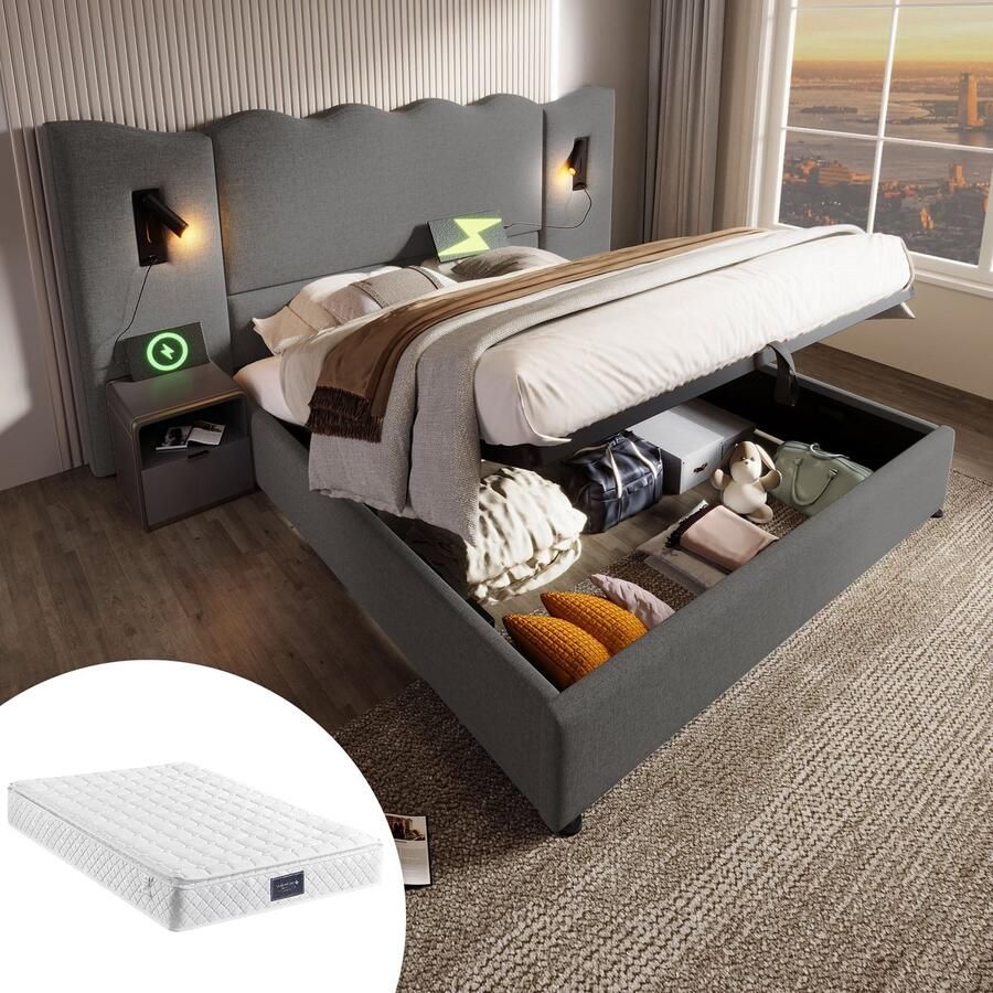 Merax Tweepersoonsbed 160x200 met Opbergruimte Bed met USB-C Oplaadfunctie Led-Leeslamp en Matras – Grijs Linnen – Inclusief Lattenbodem