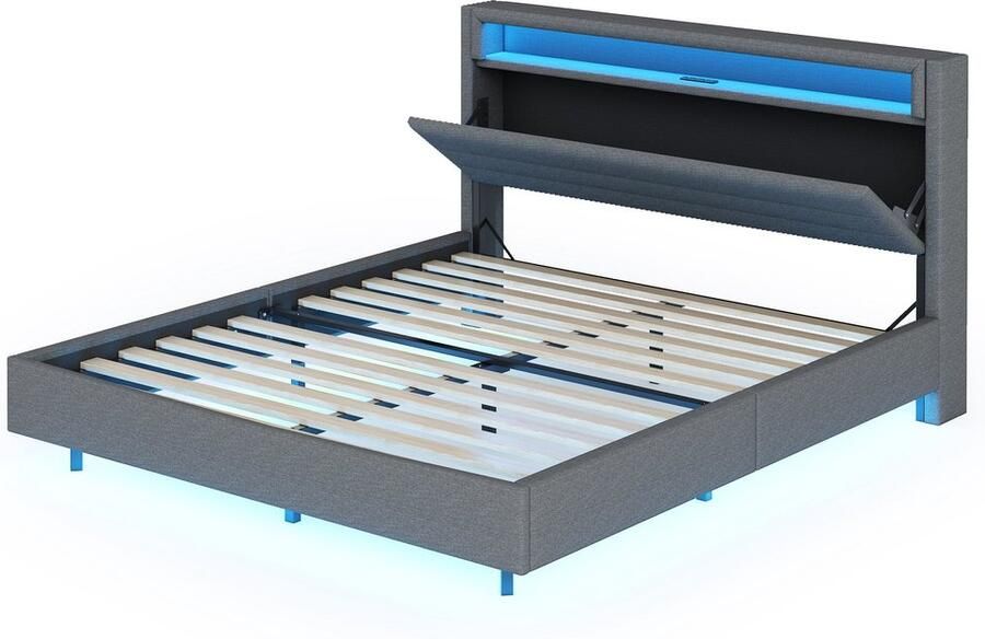 Merax Gestoffeerd Bed 160x200 cm met USB-aansluiting LED-verlichting Wendbaar Hoofdbord en Verborgen Voeten – Grijs Linnen – Modern Dubbelbed voor Jeugd- en Volwassenen Slaapkamers
