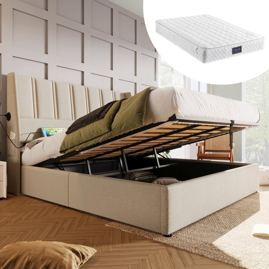 Merax Tweepersoonsbed 160x200cm Inclusief Koudschuim Matras Gestoffeerd Bed met USB-C Aansluiting en Hydraulische Lattenbodem Beige