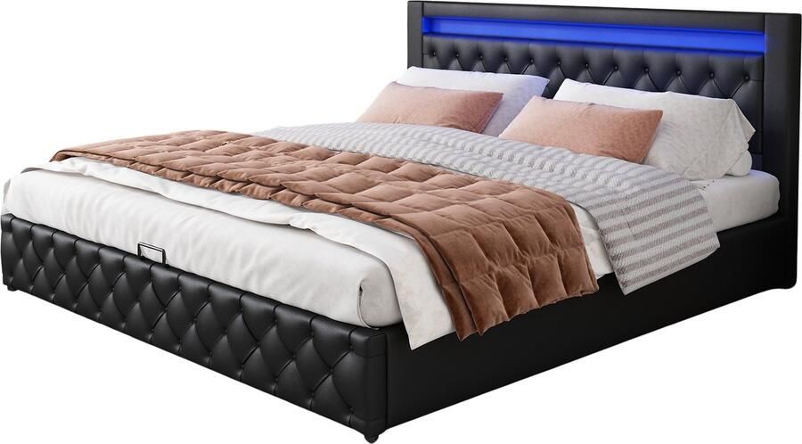 Merax Luxe Tweepersoonsbed 160x200 cm Kunstleer Gestoffeerd Bed met Hydraulische Opbergruimte en LED-Verlichting Zwart Kunstleder