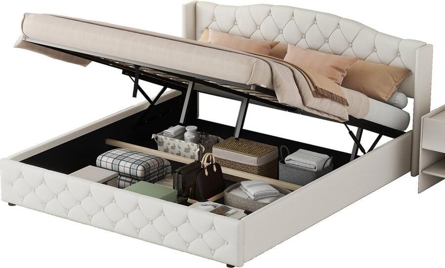 Merax Kingsize Tweepersoonsbed 180x200 cm met Hydraulische Opbergruimte Lattenbodem Luxe Gestoffeerd Bed met Hoofdbord Beige