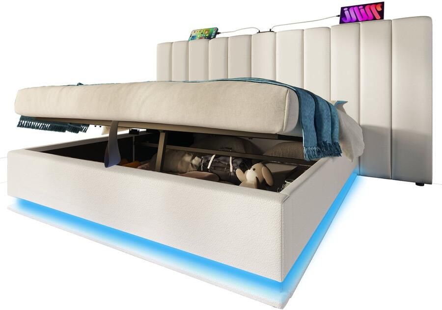 Merax Tweepersoonsbed 180x200 cm Gestoffeerd Bed met Opbergruimte LED Verlichting App Control USB-C Oplaadfunctie Inclusief Matras Wit PU Leer