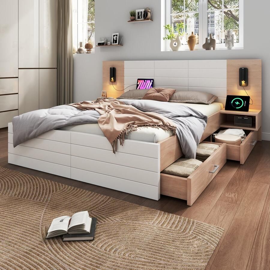 Merax Tweepersoonsbed 180x200 cm houten bed met 2 lades leeslampje hoofdeinde met opladen via USB 2 nachtkastjes wit zonder matras
