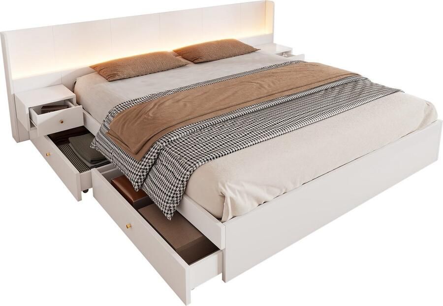 Merax Doppelbett 180*200cm Doppelbett holzbett Jugendbett mit USB-Schnittstelle mit LED-Beleuchtung und Steckdose steuerbar per Mobile APP 2 Nachttische mit Schubladenablage ohne Matratze weiß - Foto 2