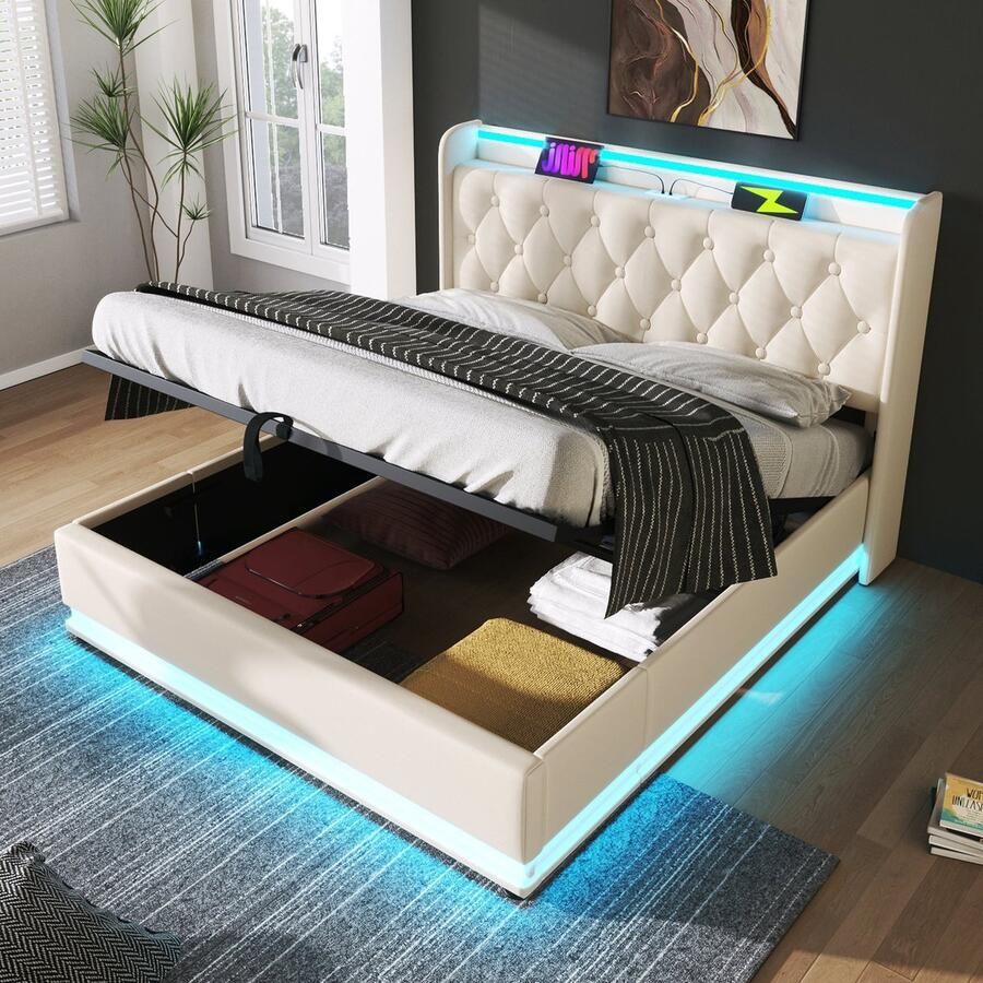Merax Tweepersoonsbed 180x200 cm met 360° LED Verlichting en USB-C Aansluiting Kunstleer Gestoffeerd Bed met Hydraulische Opbergruimte Kingsize Wit